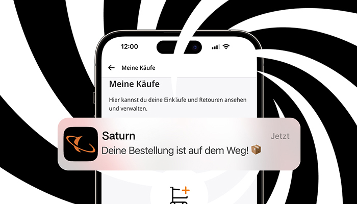 Auf einem Smartphone wird eine Push-Benachrichtigung der Saturn App angezeigt mit dem Text: &quot;Deine Bestellung ist auf dem Weg&quot;.