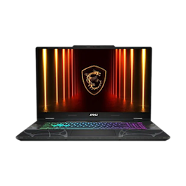 MSI Gaming-Laptop in Frontalansicht mit beleuchteter RGB-Tastatur und Display, das ein leuchtendes MSI-Drachenlogo vor orange-roten Lichtsäulen ze