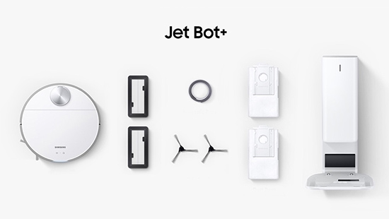 Ein weißer Roboterstaubsauger, eine Ladestation und Zubehör liegen auf einem weißen Hintergrund. "Jet Bot+" steht oben in der Mitte.