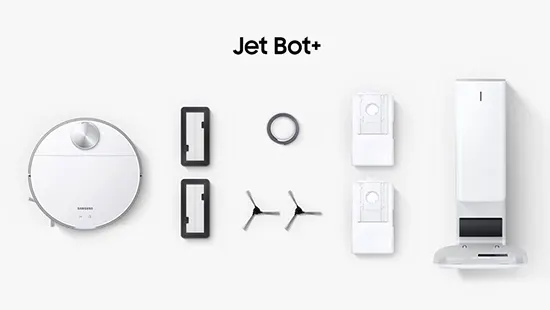 Ein weißer Roboterstaubsauger, eine Ladestation und Zubehör liegen auf einem weißen Hintergrund. "Jet Bot+" steht oben in der Mitte.