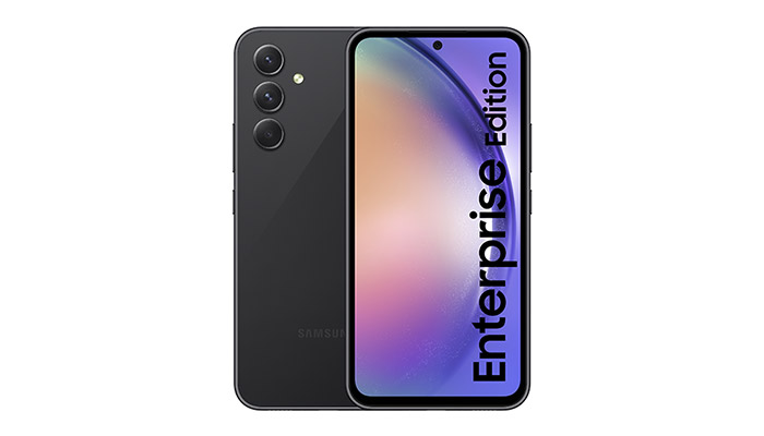 Ein schwarzes Samsung Smartphone in Front-und Rückansicht mit drei Kameras auf der Rückseite.Display zeigt "Enterprise Edition" an.
