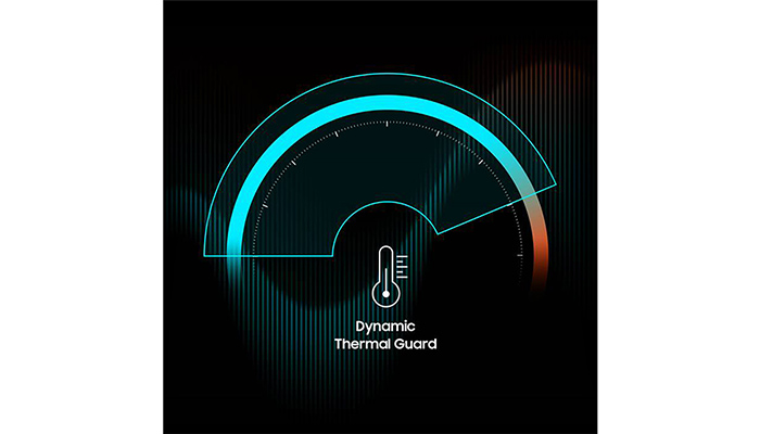 Ein blaues Tachometer zeigt den Temperaturstatus auf einem schwarzen Hintergrund mit dem Text "Dynamic Thermal Guard" und einem Thermometersymbol.
