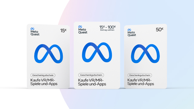 Drei Meta Quest Gutscheinkarten mit blauem Logo und Wertangaben: 15€, 15-100€ und 50€. Text: "Kaufe VR/MR-Spiele und -Apps".