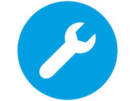 Kreisförmiges blaues Icon, das einen weißen, schräg gestellten Schraubenschlüssel zeigt.