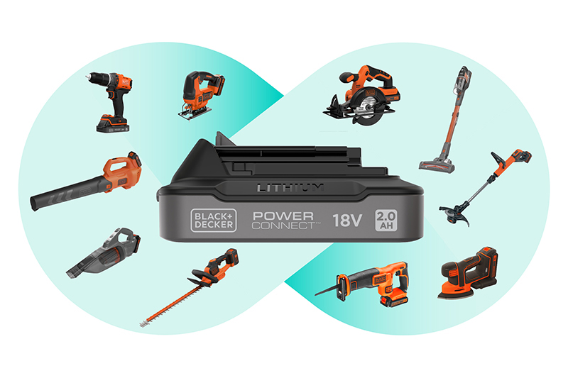 Akkuladegerät mit verschiedenen Werkzeugen, darunter Bohrmaschine, Staubsauger und Säge, auf hellblauem Hintergrund.