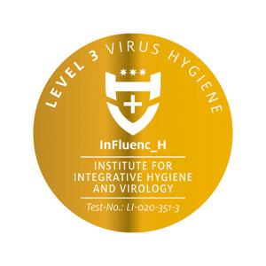 Goldenes Siegel mit weißem Symbol, Text "Level 3 Virus Hygiene" und Institutsangaben zur Hygiene.