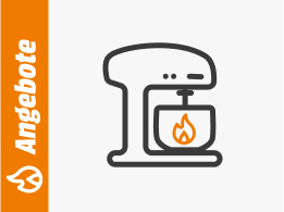 Symbolgrafik einer Küchenmaschine mit Schüssel und Flammensymbol, daneben ein orangefarbener Balken mit dem Schriftzug Angebote.