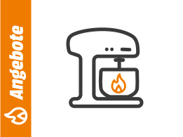 Symbolgrafik einer Küchenmaschine mit Schüssel und Flammensymbol, daneben ein orangefarbener Balken mit dem Schriftzug Angebote.