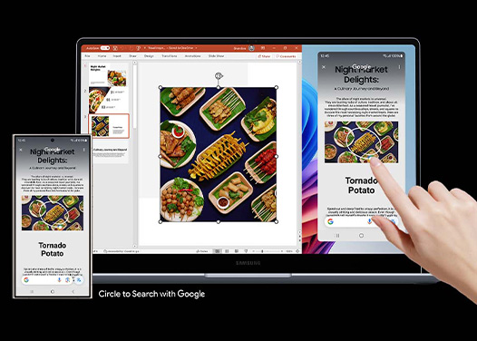 Laptop mit geöffnetem Dokument und Smartphone, beide zeigen Bilder von Essensgerichten, darunter Tornado-Kartoffeln. Eine Hand berührt den Laptop-Bildschirm.