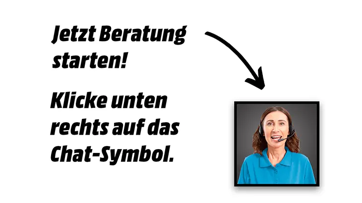 Text: "Jetzt Beratung starten! Klicke unten rechts auf das Chat-Symbol." Ein Pfeil zeigt auf das Berater-Icon.