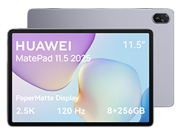 Huawei MatePad 11.5 Zoll Tablet 2025 mit PaperMatte Display, 2,5K Auflösung, 120 Hz und 8+256 GB Speicher, Vorder- und Rückseite sichtbar.