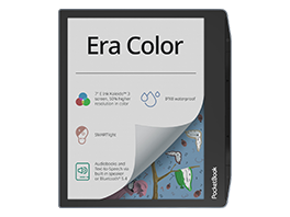 PocketBook Era Color E-Book Reader mit farbigem 7-Zoll-Display und Produktmerkmalen auf dem Bildschirm.