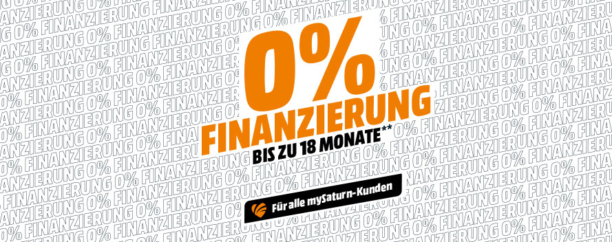  0%-Finanzierung bis zu 18 Monate für alle mySaturn-Kunden, Schriftgrafik mit mySaturn-Herzlogo.