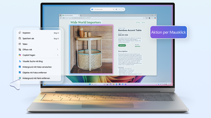 Ein geöffneter Laptop zeigt eine Webseite mit einem Produktfoto eines Beistelltisches. Links im Bild ist ein Kontextmenü mit verschiedenen Bearbeitungsoptionen sichtbar. Ein Hinweis-Label „Aktion per Mausklick“ macht auf die schnelle Ausführung von Aktionen aufmerksam.