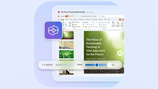 Eine Präsentation auf einem Computerbildschirm zeigt eine Folie mit dem Titel „The Value of Sustainable Farming: A Vital Approach for the Future“. Im Vordergrund ist eine Zeitleiste mit einem Regler zu sehen, darunter ein Kalenderdatum und ein Symbol für intelligente Funktionen.