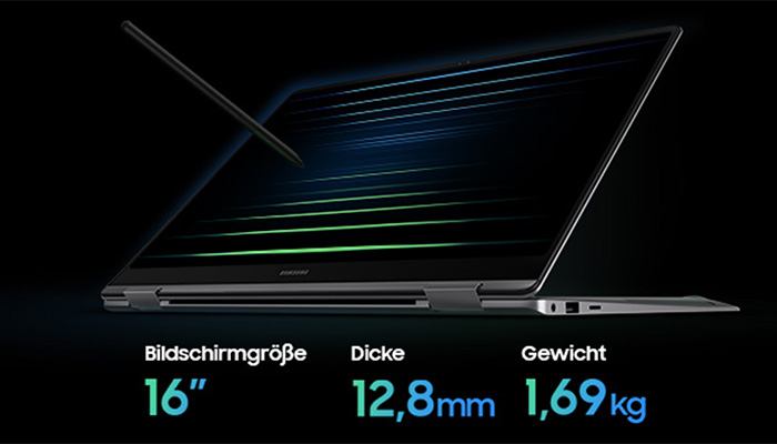 Ein Laptop mit Stift auf schwarzem Hintergrund. Spezifikationen: 16-Zoll-Bildschirm, 12,8 mm dick, Gewicht 1,69 kg.