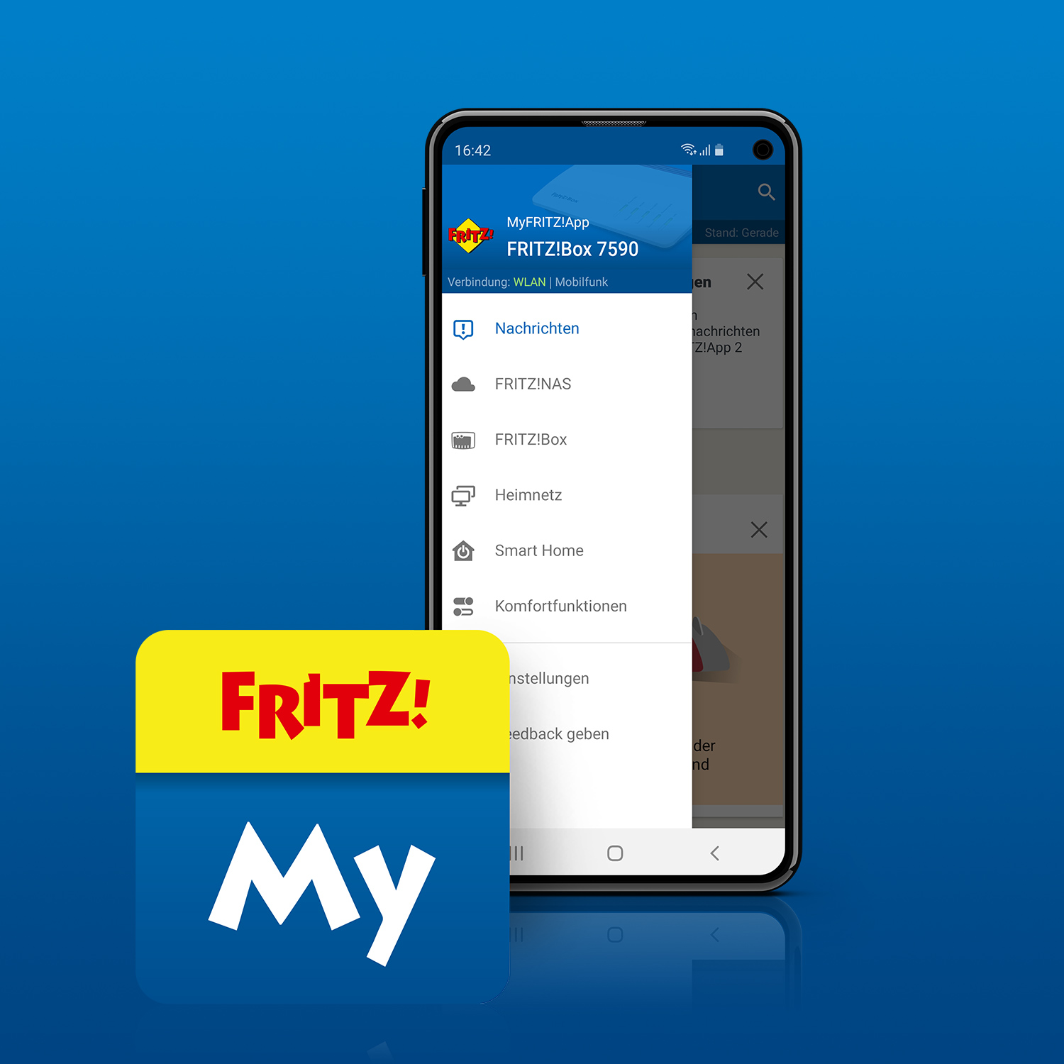 Smartphone mit MyFRITZ!App auf blauem Grund. App-Menü zeigt Optionen wie Nachrichten, FRITZ!NAS, FRITZ!Box und Smart Home. FRITZ!My-Logo.