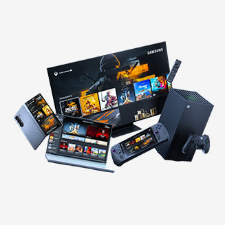 Produkthaufen mit einem Smartphone, einem Notebook, einem Fernseher, einer Konsole und einer Xbox Series X