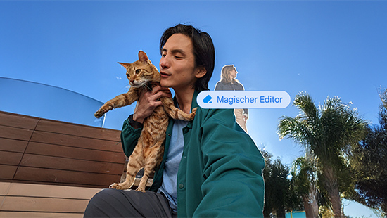 Ein junger Mann hält und liebkost seine Katze. Im Hintergrund ist ein Objekt ausgewählt.