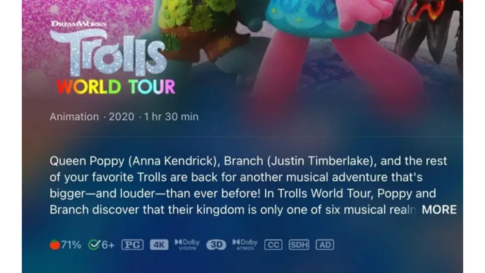 Titelbild des Animationsfilms "Trolls World Tour" von DreamWorks, mit Textinformationen und Logos.