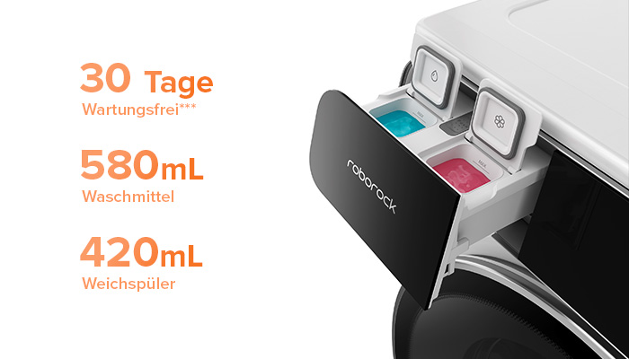 Waschmittelfach einer Roborock Waschmaschine mit blauer und pinker Flüssigkeit, Text in Orange.