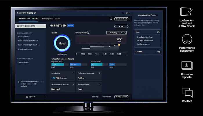 Bildschirmfoto der Samsung Magician Software für die Überwachung und Verwaltung deiner Samsung SSD.