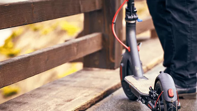 Ein grauer Elektroroller steht auf einem Holzsteg neben einem Holzgeländer. Eine Person in Jeans steht daneben.