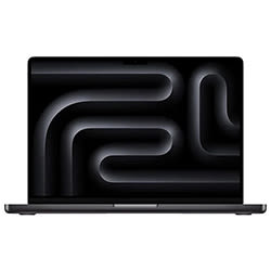 Schwarzer Laptop mit abstraktem Labyrinthmuster auf dem Bildschirm, das sich durch dunkle und helle Kurven auszeichnet.