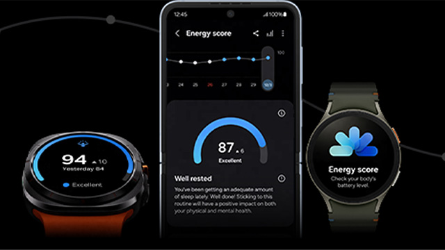 Drei Bildschirme zeigen Energiewerte an: zwei Uhren und ein Smartphone. Eine Uhr zeigt 94, die andere 87 und das Telefon 87.