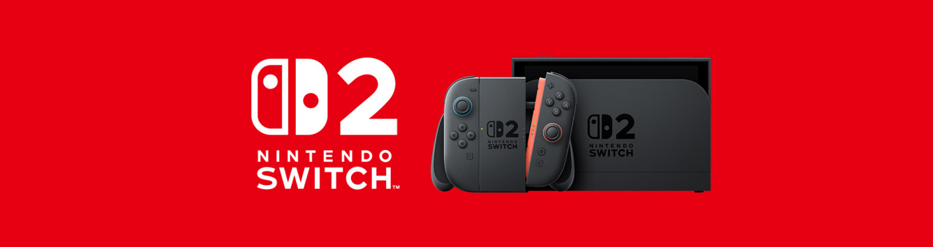 Nintendo Switch 2-Konsole und Controller auf rotem Hintergrund mit weißem "Nintendo Switch"-Logo.