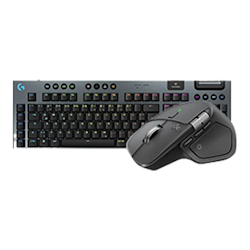 Abbildung einer schwarzen Logitech‑Tastatur mit RGB‑Beleuchtung, kombiniert mit einer ergonomischen kabellosen Logitech‑Maus.