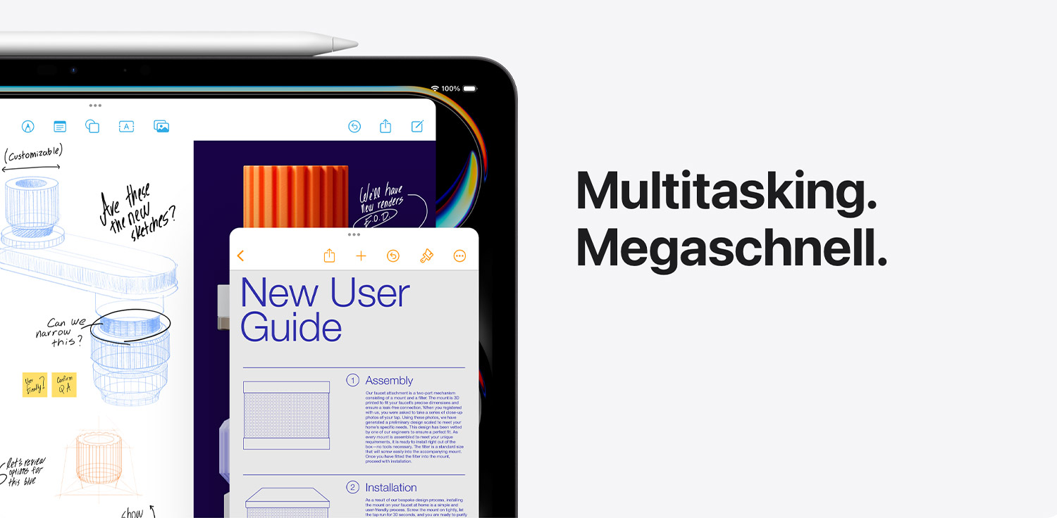 iPad mit Notizen und Dokument „New User Guide“. Text: „Multitasking. Megaschnell.“