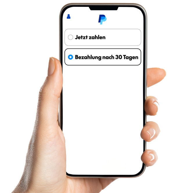 Paypal App geöffnet auf einem Smartphone. Der Nutzer wählt aus den Optionen "Jetzt zahlen" und "Bezahlung nach 30 Tagen" die zweite Option. 