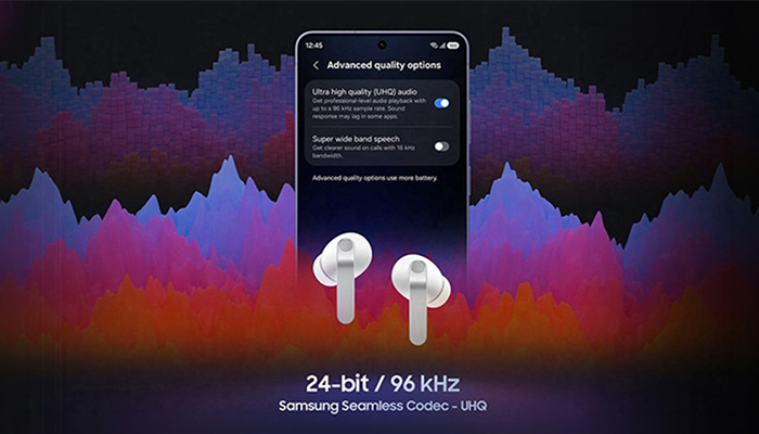Abbildung der Galaxy Buds4 Pro zusammen mit einem Galaxy Smartphone.