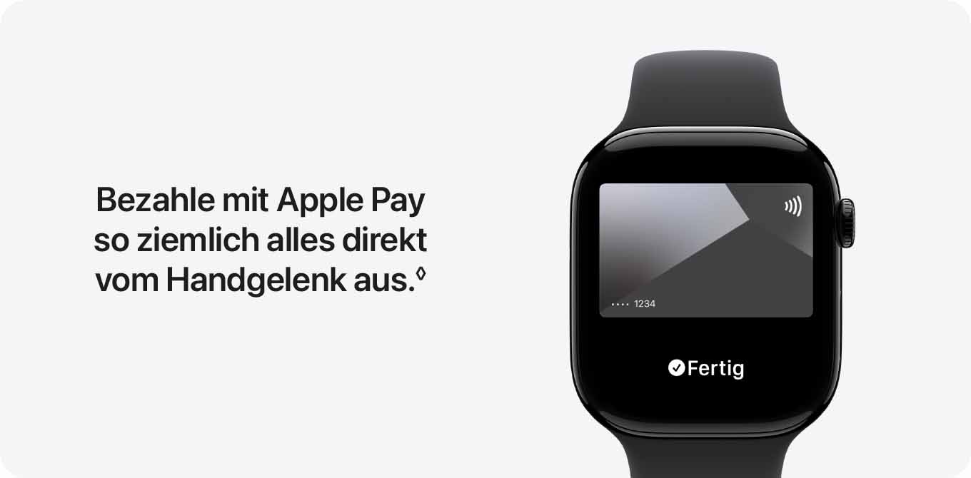Auf einem hellen Hintergrund ist eine schwarze Smartwatch mit Apple Pay-Anzeige zu sehen. Links davon befindet sich Text.