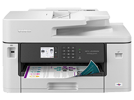 Weißer Brother Multifunktionsdrucker mit Farbdisplay und ausgedrucktem Papier.