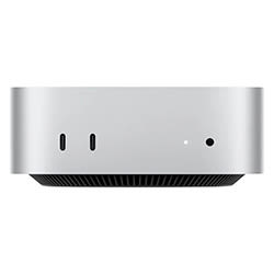 Silberner Mac Mini Computer mit zwei schwarzen Anschlüssen und einer kleinen, runden, schwarzen Power-Taste. Schwarze Basis.
