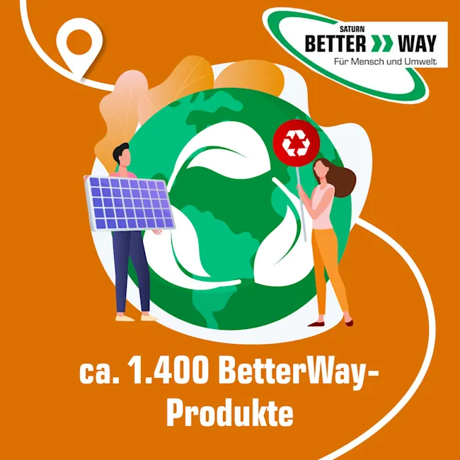 Orangefarbener Werbehintergrund mit Erde, Blättern, Solarpaneel, Recycling-Symbol und Text über BetterWay-Produkte.