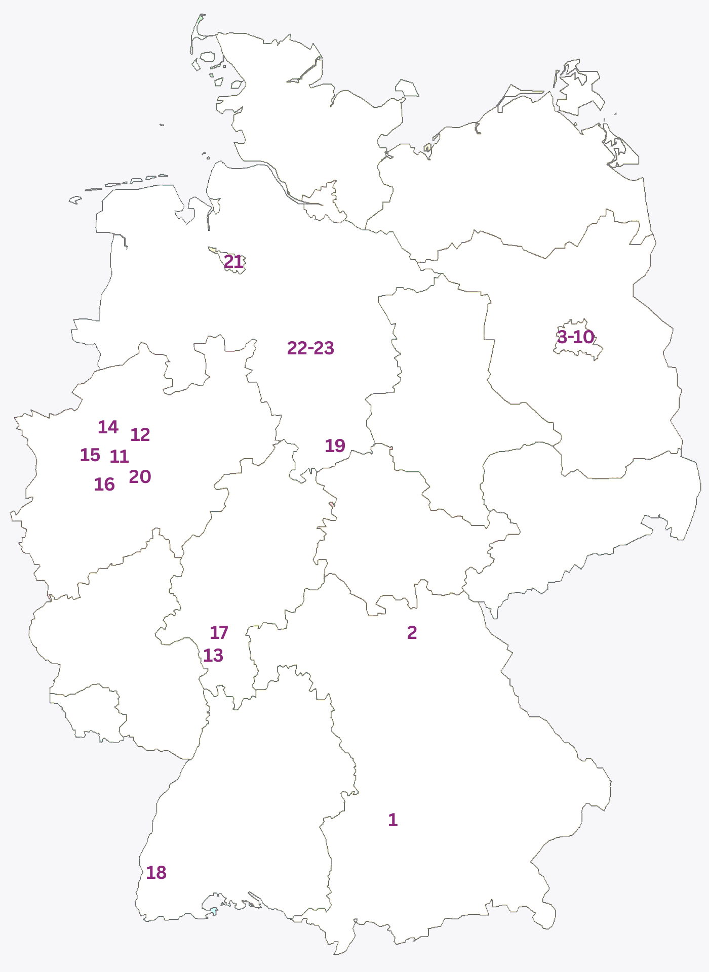 Deutschlandkarte mit nummerierten Standorten (1-23) vor einem weißen Hintergrund.