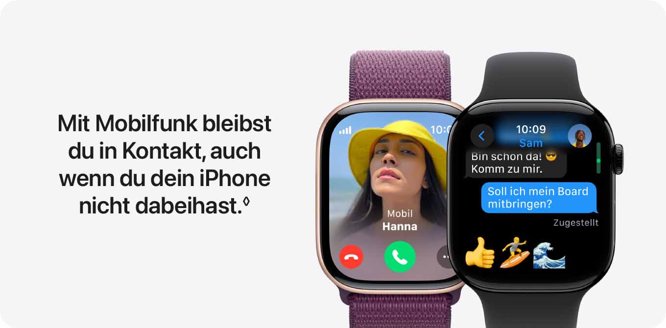 Zwei Smartwatches zeigen Anrufe und Nachrichten. Die linke Uhr hat ein lila Armband, die rechte ist schwarz.