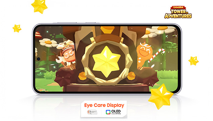 Auf einem Smartphone-Bildschirm wird das Spiel "Cookie Run: Tower Adventures" mit Figuren und einer gelben Stern-Grafik angezeigt.