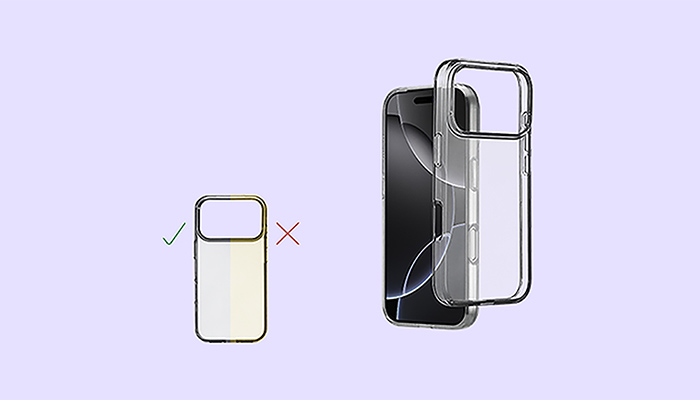 Gegenüberstellung einer vergilbten transparenten und einer glasklaren Handyhülle.