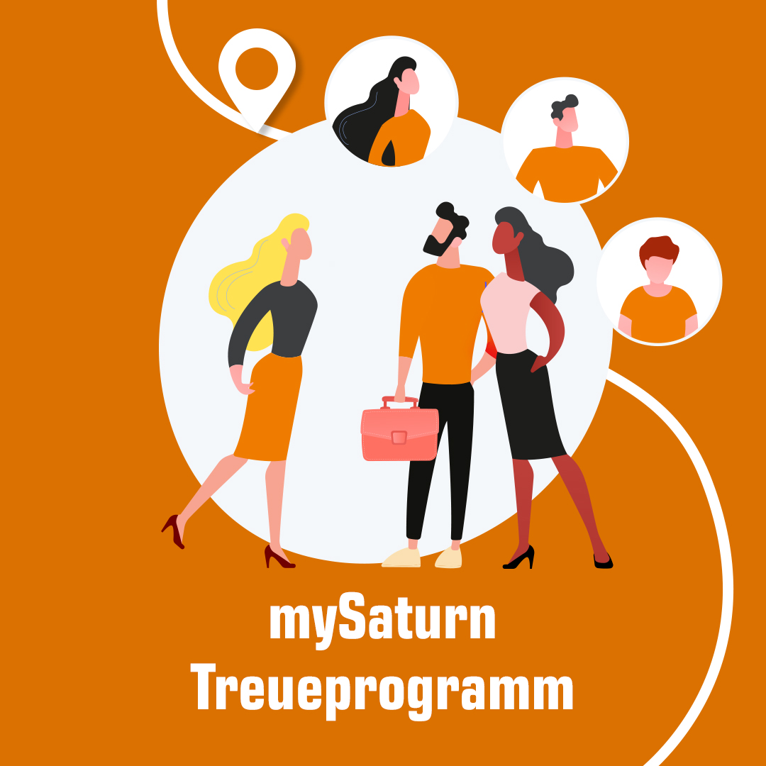 Illustration auf orangem Hintergrund mit dem Text "mySaturn Treueprogramm", Figuren und Kreisen mit Porträts.