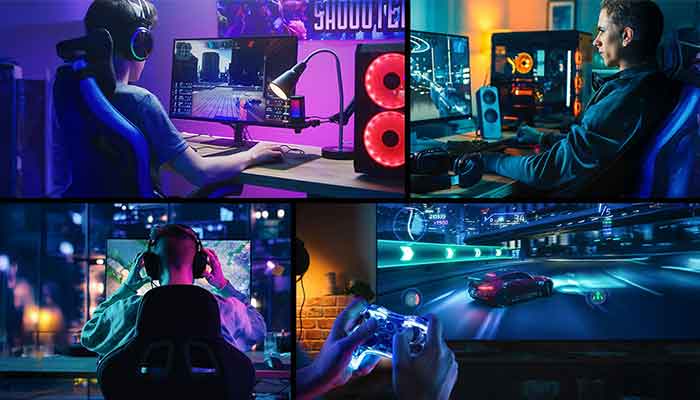 Eine Collage von Menschen, die vor ihrem PC sitzen und spielen. Die Szenerie ist in Neon-Licht getaucht.