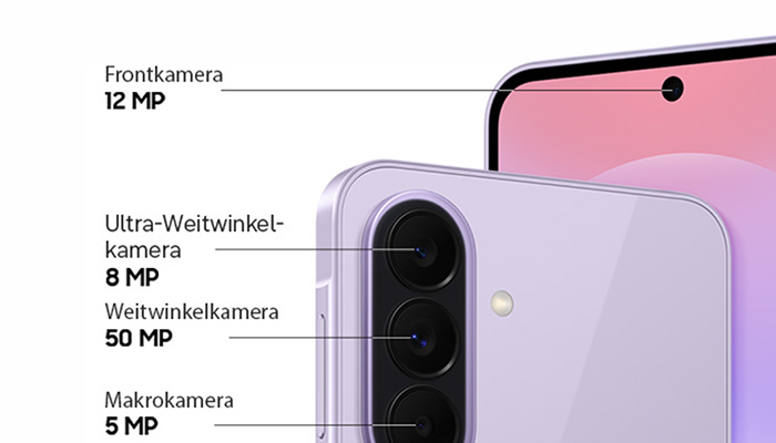 Nahaufnahme der Front- sowie der drei Rückkameras des Galaxy A37.