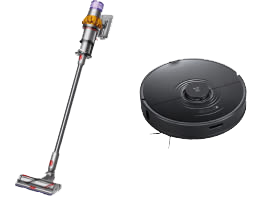 Links ein Stielstaubsauger, rechts ein Saug-Roboter.