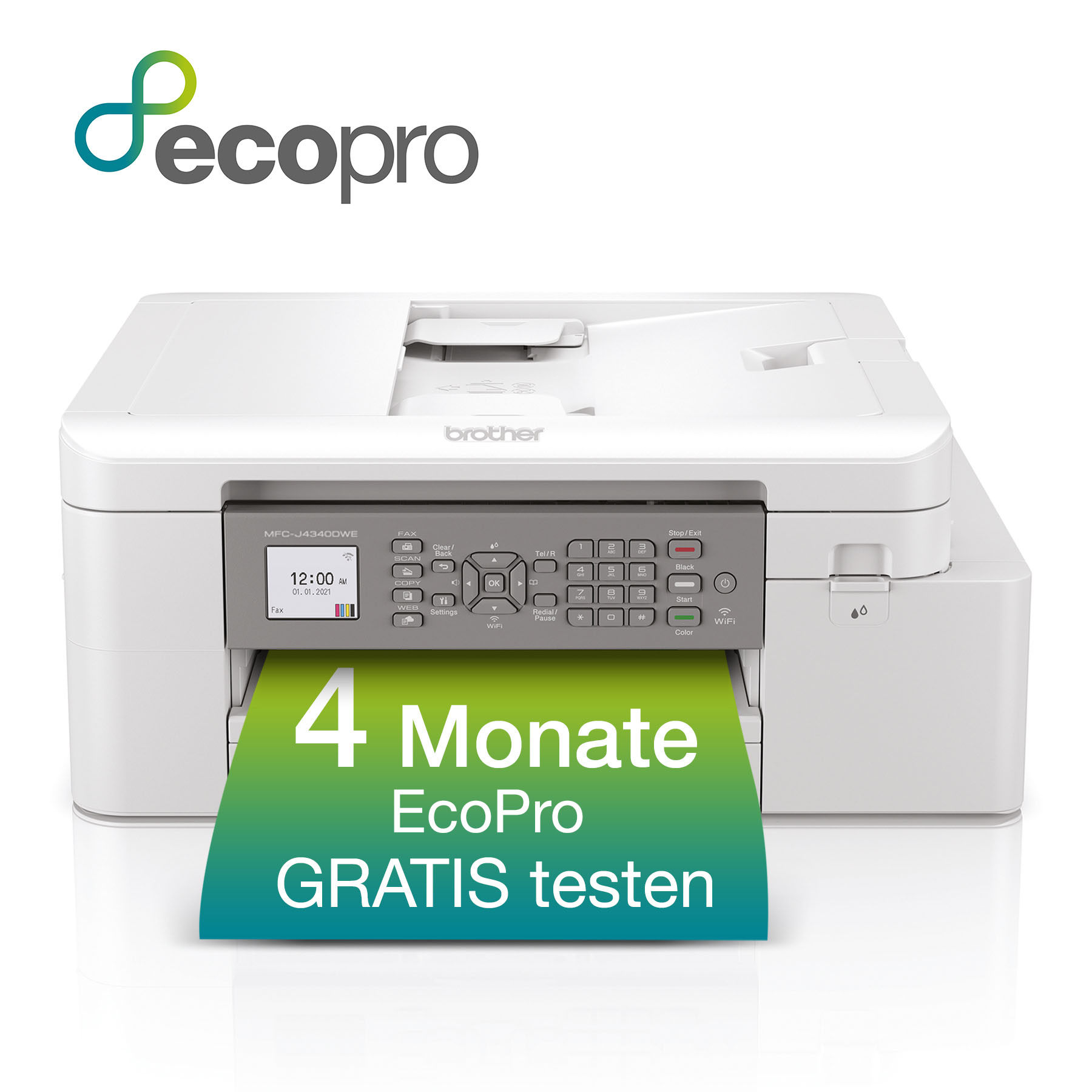 Weißer Brother-Drucker mit Bedienfeld und LCD. Ein grünes Werbeblatt mit Text "4 Monate EcoPro GRATIS testen" ragt heraus. Das EcoPro-Logo ist oben links.