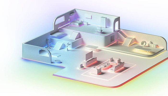 Ein 3D-Modell zeigt ein Haus mit Treppen, Möbeln und einer Badewanne. Helle Farbakzente heben die Architektur hervor.