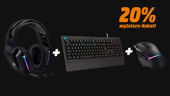 Gaming-Headset, RGB-Tastatur und Gaming-Maus von Logitech mit Hinweis „20 % myMediaMarkt-Rabatt
