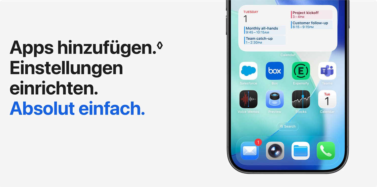 iPhone mit Business-Apps und Verwaltungstools. Text: „Apps hinzufügen. Einstellungen einrichten. Absolut einfach.“